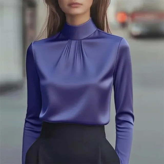 Women's Solid Color Long Sleeve Turtleneck Shirt, Pleated Detail Blouse For Office Wear And Formal Occasions Violet - Shop at LoveMi