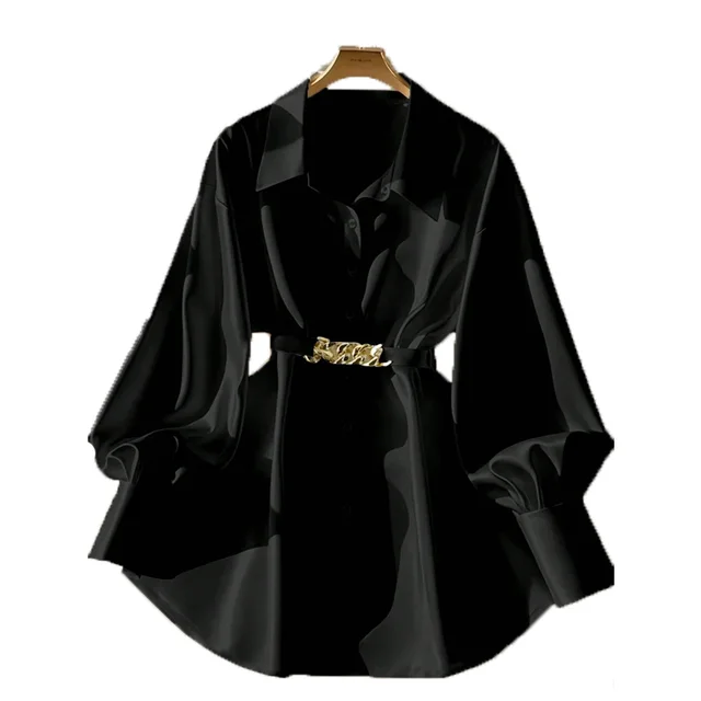 Women's Elegant Lapel Button Down Top With Adjustable Metal Waist Belt Solid Color Loose Fit Blouse For Casual & Office Wear Black - Shop at LoveMi