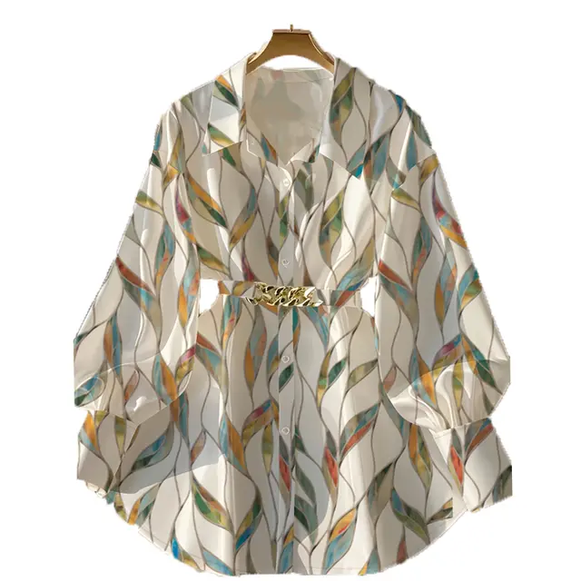 Women's Elegant Lapel Button Down Top With Adjustable Metal Waist Belt Solid Color Loose Fit Blouse For Casual & Office Wear Multicolor - Shop at LoveMi