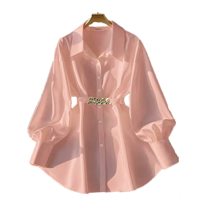 Women's Elegant Lapel Button Down Top With Adjustable Metal Waist Belt Solid Color Loose Fit Blouse For Casual & Office Wear Pink - Shop at LoveMi