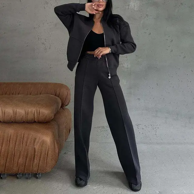 Women's Sweatsuit Set, Fall Zip Up Long Sleeve Sweatshirt Jacket And Wide Leg Sweatpants Black - Shop at LoveMi