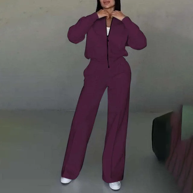 Women's Sweatsuit Set, Fall Zip Up Long Sleeve Sweatshirt Jacket And Wide Leg Sweatpants Fuchsia - Shop at LoveMi