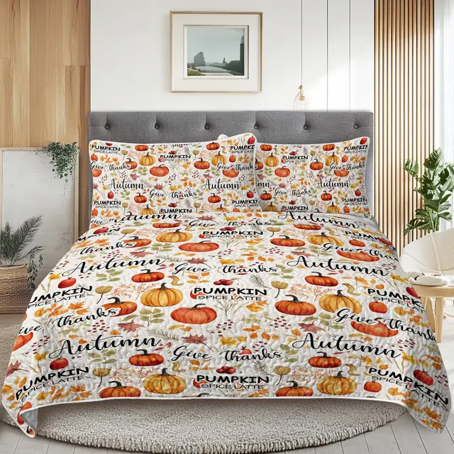 Pumpkin Autumn Leaves Design Quilt Set All Seasons Bedding Quilt Bed Set With 2 Pillowcases For Kids Teens Adults Bedroom Queen - Shop at LoveMi