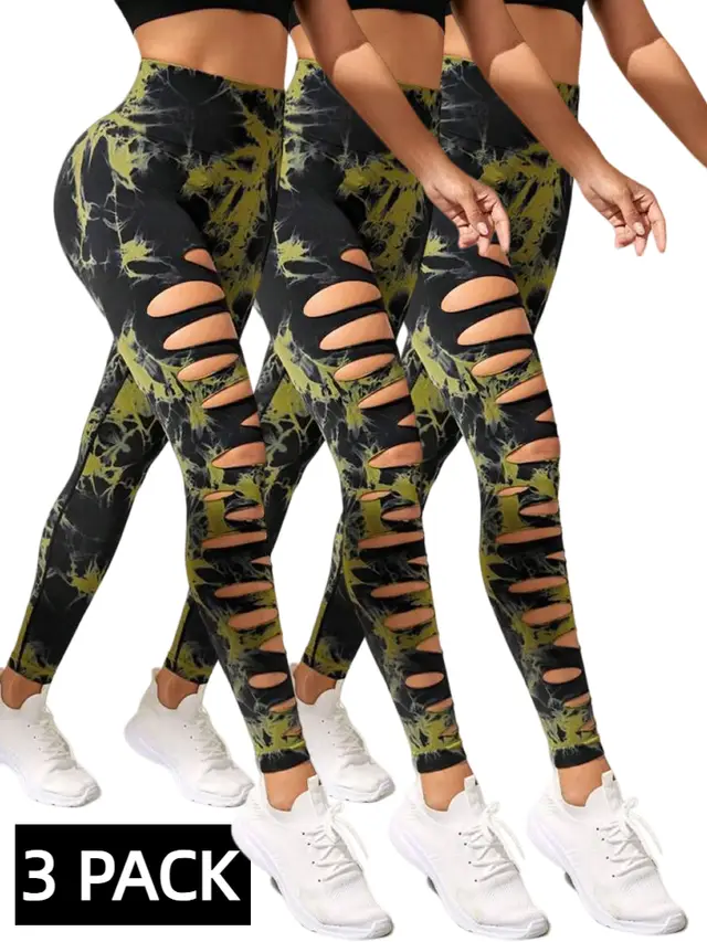 3 PACK Butt Lifting Yoga Gym Athletic Pants, Hollow Out Tummy Control Sports Leggings Tie Dye Running Pants 3Lgn - Shop at LoveMi