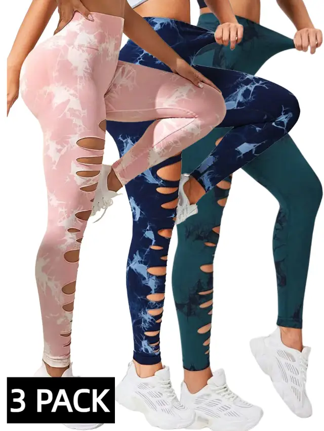 3 PACK Butt Lifting Yoga Gym Athletic Pants, Hollow Out Tummy Control Sports Leggings Tie Dye Running Pants Pnk Blu Dgn - Shop at LoveMi
