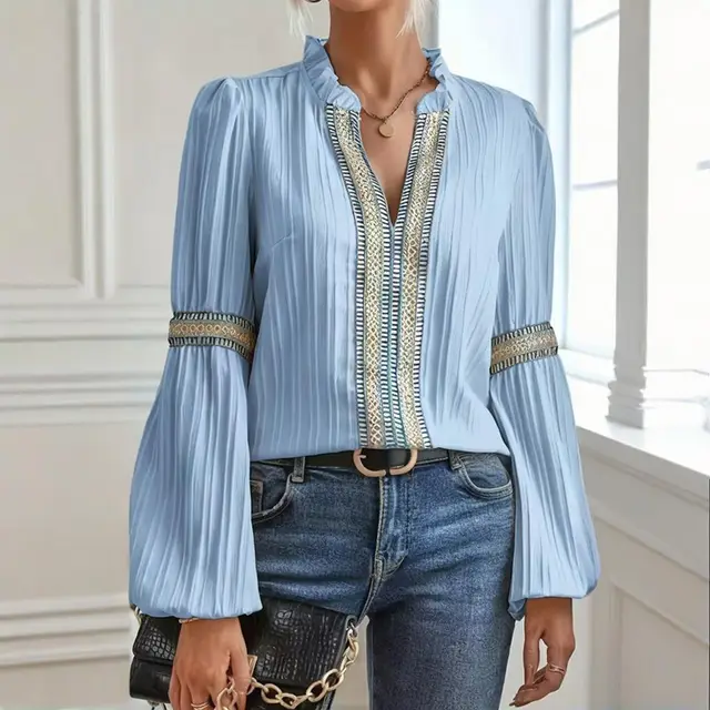 Boho Chic Colorblock Top, Women's Patchwork Blouse With V Neck And Lantern Sleeves Blue - Shop at LoveMi