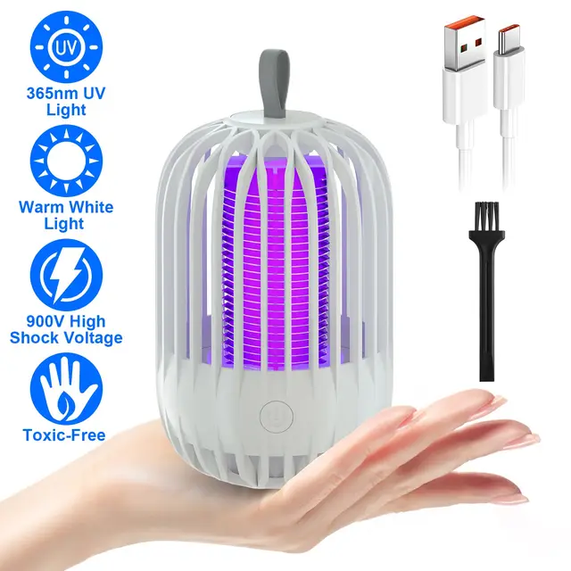 900V High Voltage Cordless Indoor Bug Zapper Type C Rechargeable Mosquito Lamp Trap Portable Electric Mosquito Killer With Hanging Strap Night Ligh... White - Shop at LoveMi