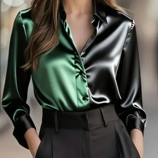 Women's Colorblock Long Sleeve Blouse Shirt Button Down Collared Tops Green - Shop at LoveMi
