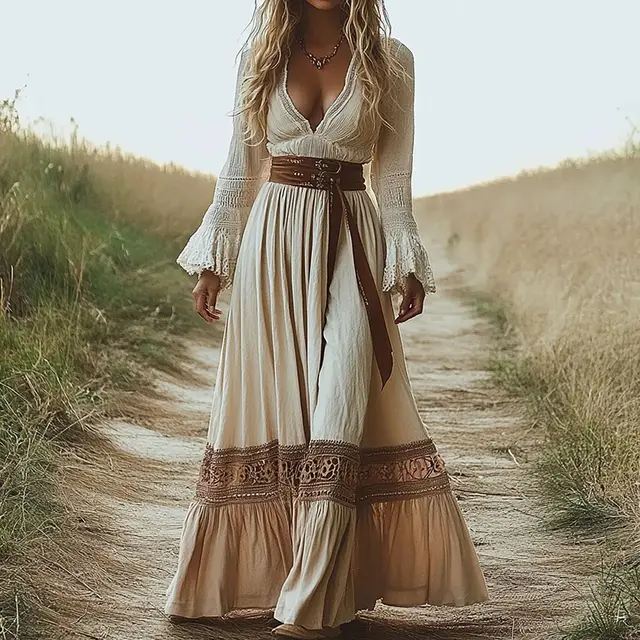 Boho Chic Maxi Dress, Women's Vintage Inspired Lace Trim With Deep V Neck Elegant Dress, No Belt Included Beige - Shop at LoveMi