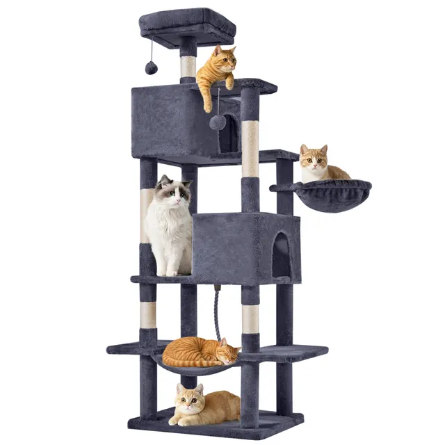 66 Inch Cat Tree Tower, Large Multi Cat Climbing Extended Platform, Hammock, Pet House For Indoor Cats And Kittens Play Dark Grey - Shop at LoveMi