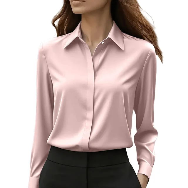 Women's Long Sleeve Satin Blouse, V Neck Loose Fit Tunic Top For Business Casual Office Fall Pink - Shop at LoveMi