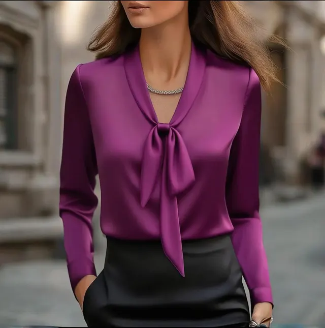 Women's Elegant Blouse With Ribbon Detail, Long Sleeve Dressy Top For Business Casual Office Purple - Shop at LoveMi