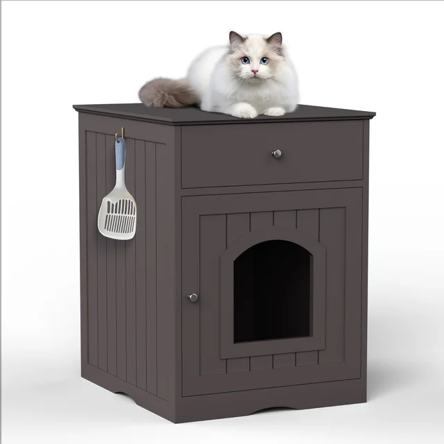 Wooden Pet House Cat Litter Box Enclosure With Drawer & Side Table Brown - Shop at LoveMi