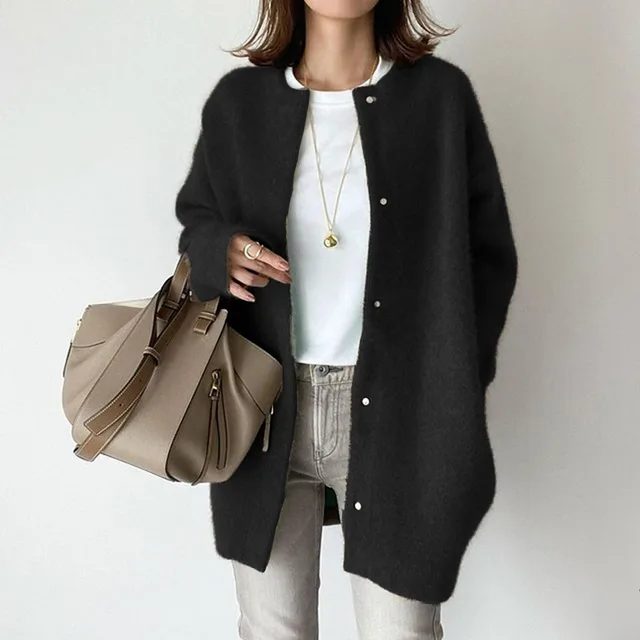 Women's Solid Color Wool like Coat, Oversized Long Sleeve Button Up Trench For Fall Winter Casual Outwear Black - Shop at LoveMi