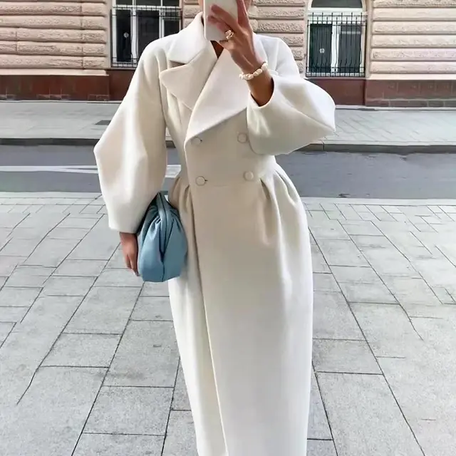 Women's Classic Winter Long Coat, Double Breasted Belted Trench With Wide Lapel, Solid Color Oversized Overcoat For Casual Style White - Shop at LoveMi