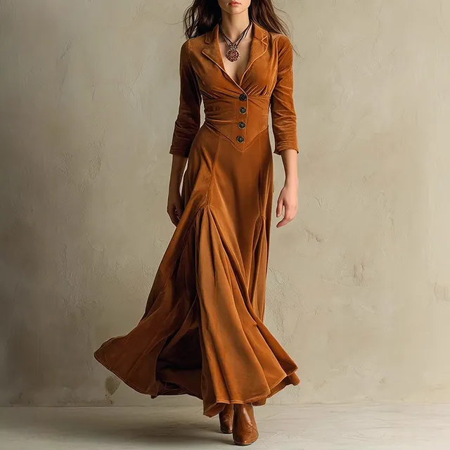 Women's Solid Color V Neck Long Dress With Button Front And Flowy Skirt, Elegant Maxi Dress For Spring Fall Dark Brown - Shop at LoveMi