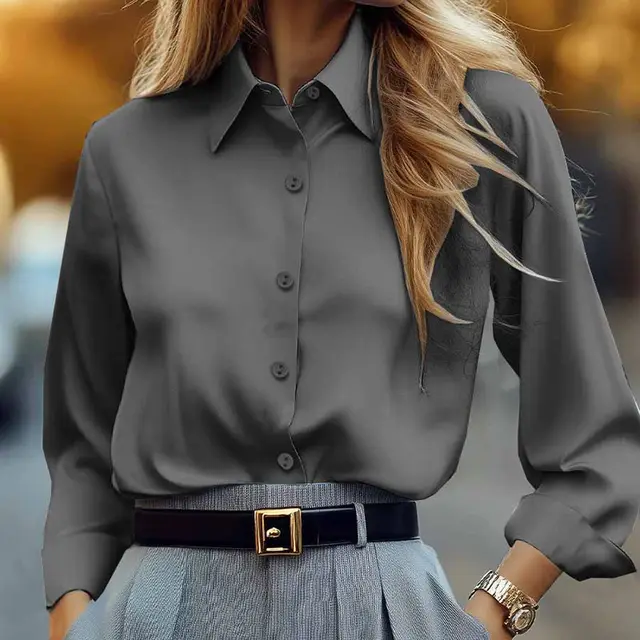 Plus Size Women's Solid Color Lapel Long Sleeve Shirt, Classic Button Down Blouse For Office And Formal Wear Gray - Shop at LoveMi
