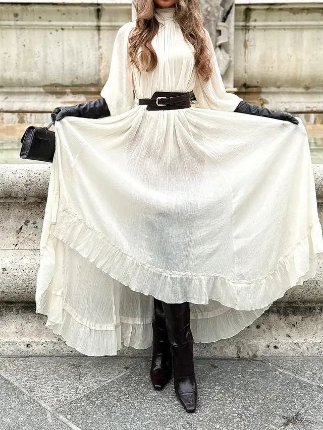 White Long sleeved Ruffled Tie Dress White - Shop at LoveMi