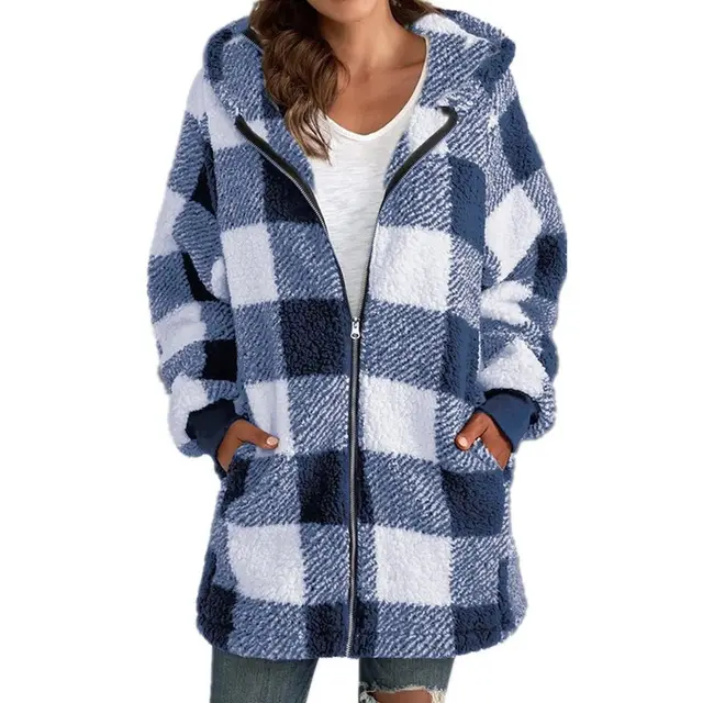Women's Plaid Hooded Jacket, Long Sleeve Zip Up Oversized Coat With Pockets For Winter Casual And Commute Blue - Shop at LoveMi
