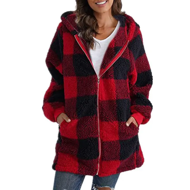 Women's Plaid Hooded Jacket, Long Sleeve Zip Up Oversized Coat With Pockets For Winter Casual And Commute Red - Shop at LoveMi