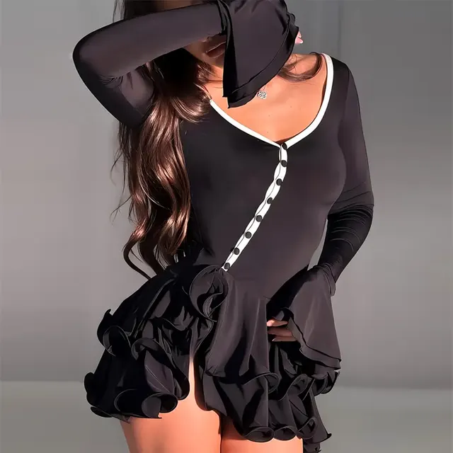 Women's Sexy Deep V Neck Mini Dress With Flared Sleeves, Short Button Front Ruffle Hem Bodycon Dress Black - Shop at LoveMi