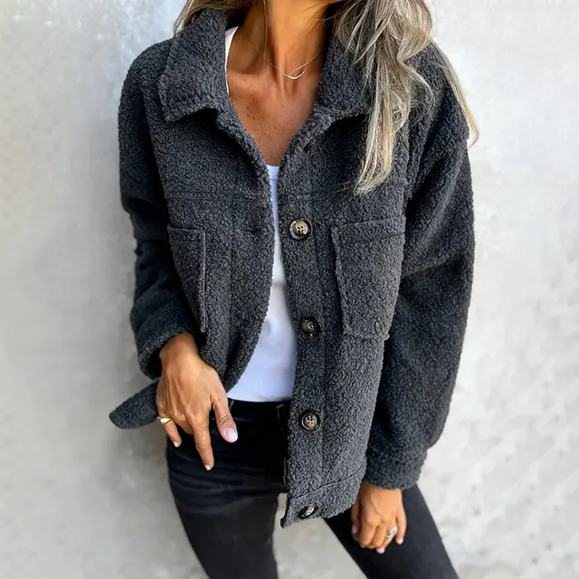 Plus Size Women's Solid Color Sherpa Jacket, Long Sleeve Lapel Single Breasted Fleece Coat With Pockets For Autumn Winter Black - Shop at LoveMi