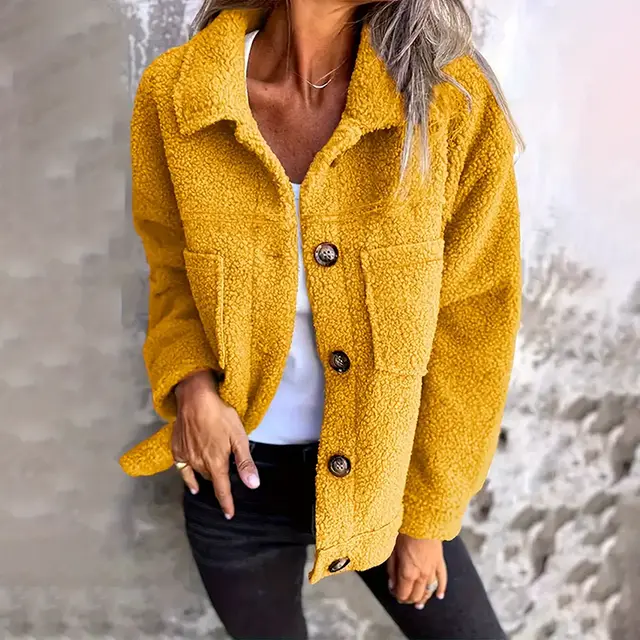 Plus Size Women's Solid Color Sherpa Jacket, Long Sleeve Lapel Single Breasted Fleece Coat With Pockets For Autumn Winter Yellow - Shop at LoveMi