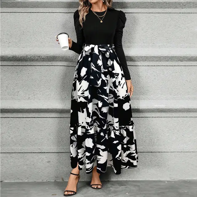 Women's Round Neck Long Sleeve Dress, Patchwork Print & Pleated Maxi Dress With Waist Bow For Spring & Fall Black - Shop at LoveMi