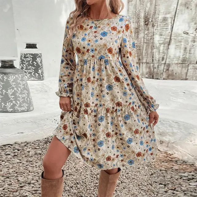 Women's Floral Print Boho Dress, Round Neck Smocked Cuff Sleeve Midi Dress With Patchwork Design For Spring And Fall Apricot - Shop at LoveMi