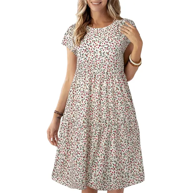 Women'S Boho Ditsy Floral Dress Floral Print A Line Dress, Loose Fit Knee Length For Party & Everyday Wear Putih - Shop at LoveMi