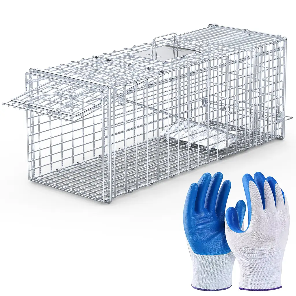 Live Animal Trap Cage 37x14x15in Folding Catch And Release Humane Cat Trap Galvanized Iron For Raccoons Foxes Coyotes Stray Dogs Armadillos Squirre...