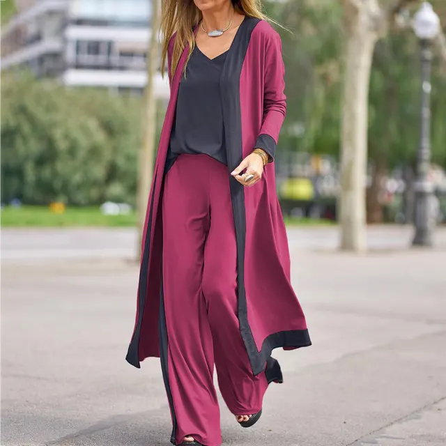 Three piece Straight Pants Colorblock Cardigan Set Red - Shop at LoveMi