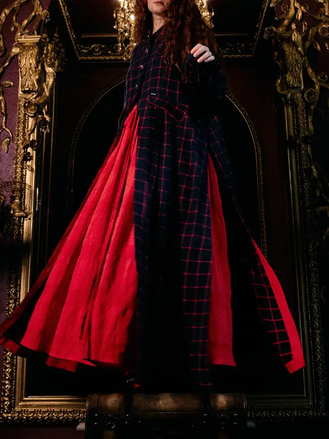 Navy Red Plaid Long Coat With Red Maxi Swing Dress Set Red - Shop at LoveMi