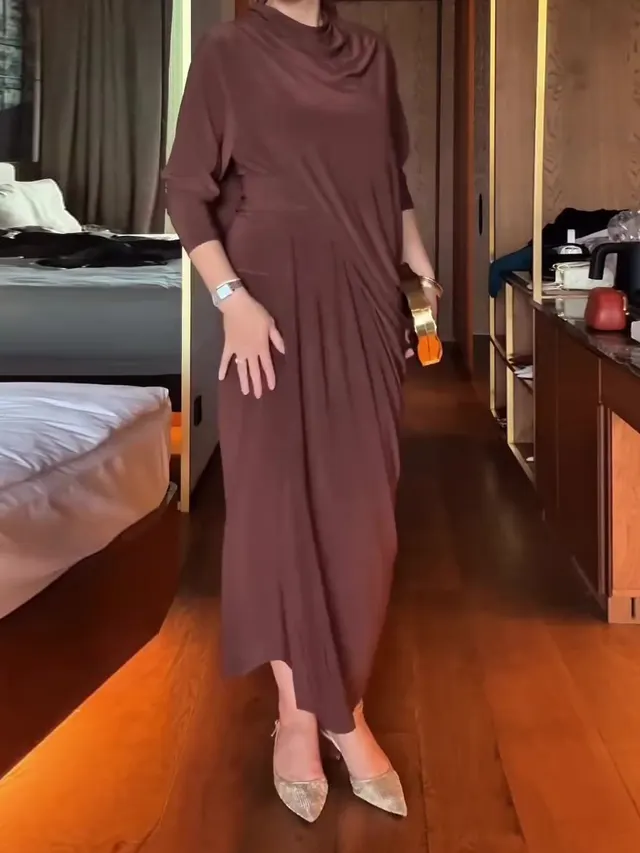 Elegant Pleated Tie Dress Two piece Set Brown - Shop at LoveMi