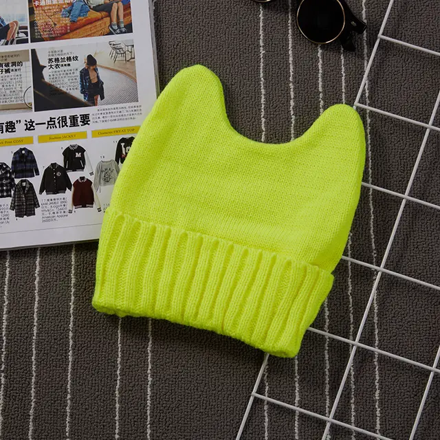 Cat ears Korean woolen hat Fluorescent Yellow - Shop at LoveMi