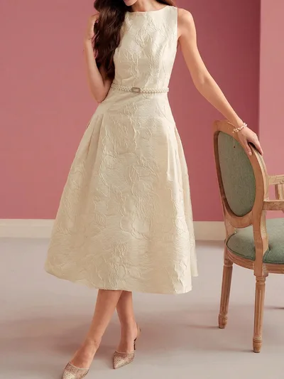 Elegant Jacquard Sleeveless Midi Dress Apricot Beige - Shop at LoveMi