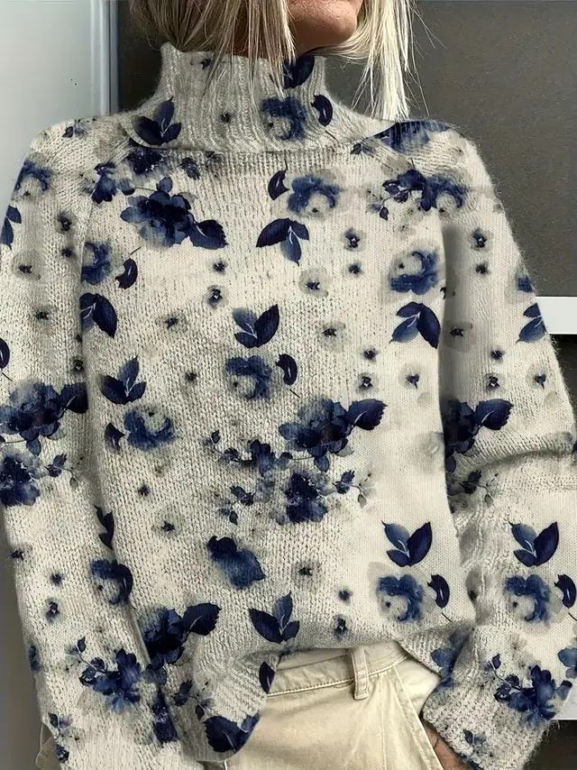 Women's Vintage Floral Print Pullover Turtleneck Long Sleeve Loose Fit Polyester Top 3Style - Shop at LoveMi