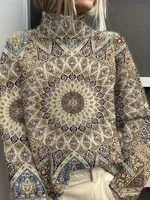 Women's Vintage Floral Print Pullover - Turtleneck Long Sleeve Loose Fit Polyester Top - 6Style