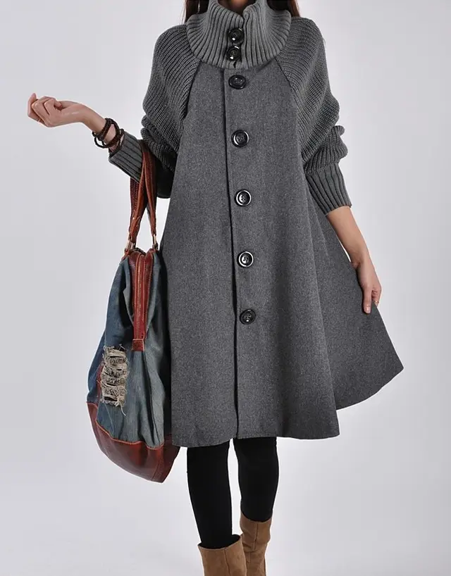 Women's Long length Loose Woolen Coat, Cloak style Tweed Overcoat Grey - Shop at LoveMi