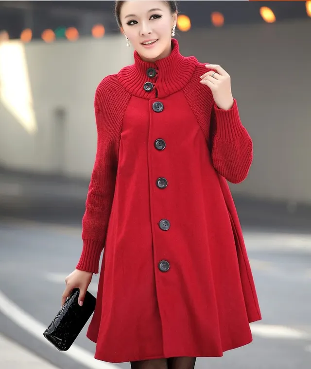 Women's Long length Loose Woolen Coat, Cloak style Tweed Overcoat Red - Shop at LoveMi