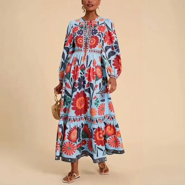 Women's Bohemian Floral Print Dress Cuff Long Sleeve Round Neck Maxi Dress For Spring&Fall Blue - Shop at LoveMi