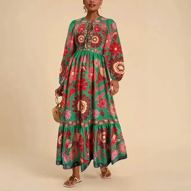 Women's Bohemian Floral Print Dress Cuff Long Sleeve Round Neck Maxi Dress For Spring&Fall Green - Shop at LoveMi