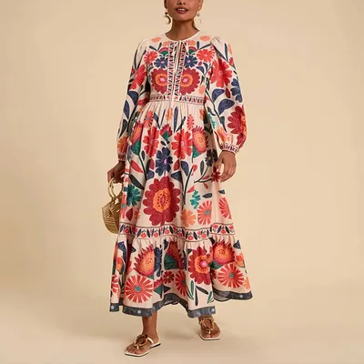 Women's Bohemian Floral Print Dress Cuff Long Sleeve Round Neck Maxi Dress For Spring&Fall White - Shop at LoveMi