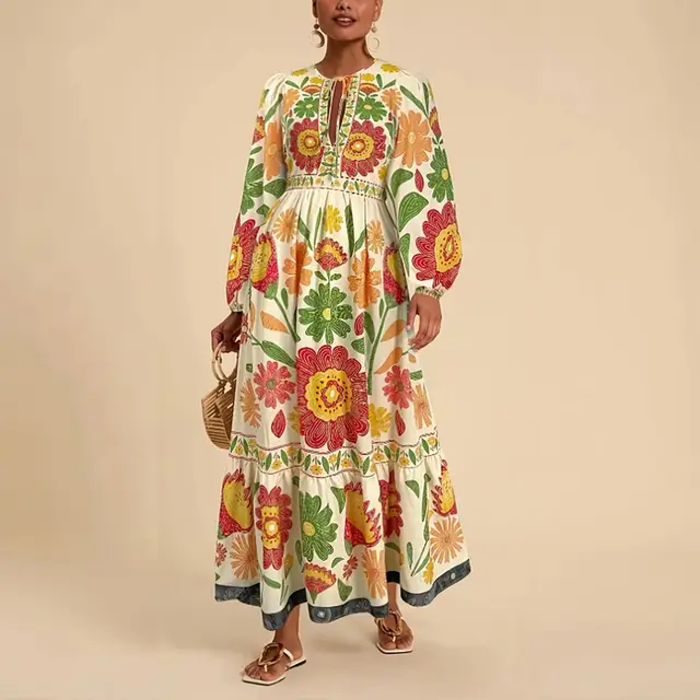 Women's Bohemian Floral Print Dress Cuff Long Sleeve Round Neck Maxi Dress For Spring&Fall Yellow - Shop at LoveMi