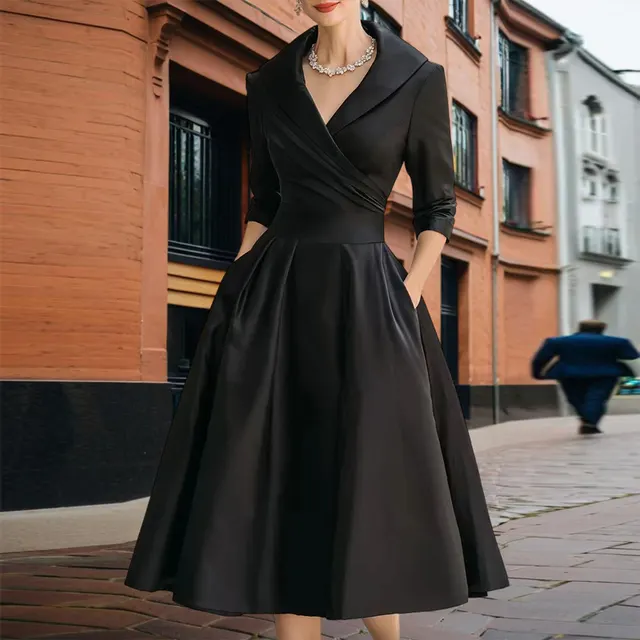 Women's Elegant Solid Cross V Neck Midi Dress With Flared Skirt And Pockets Spring Summer Formal Dress Black - Shop at LoveMi