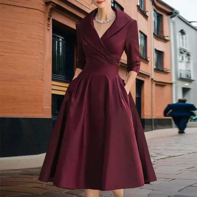 Women's Elegant Solid Cross V Neck Midi Dress With Flared Skirt And Pockets Spring Summer Formal Dress Wine Red - Shop at LoveMi