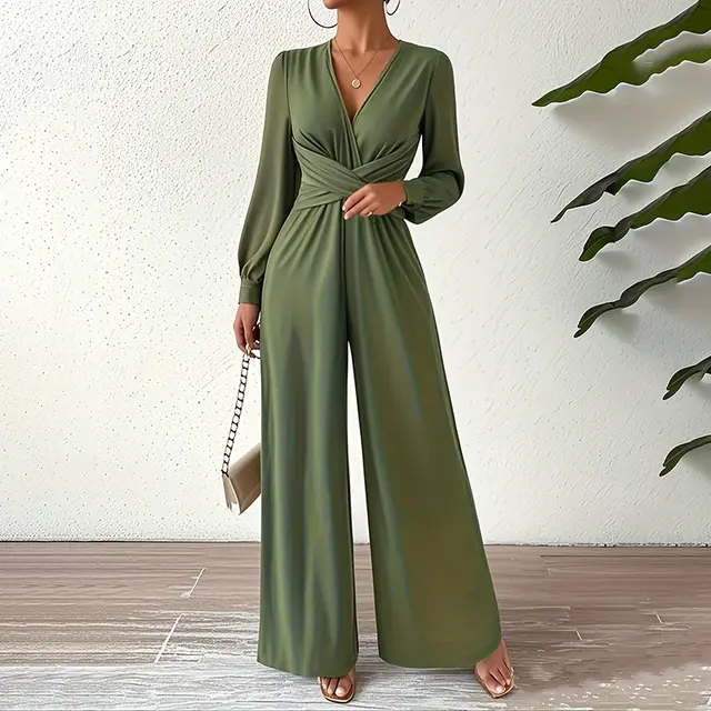 Women's Elegant Jumpsuit With Cross V Neck & Long Sleeve Solid Color Belted Wide Leg Pantsuit For Office And Formal Green - Shop at LoveMi