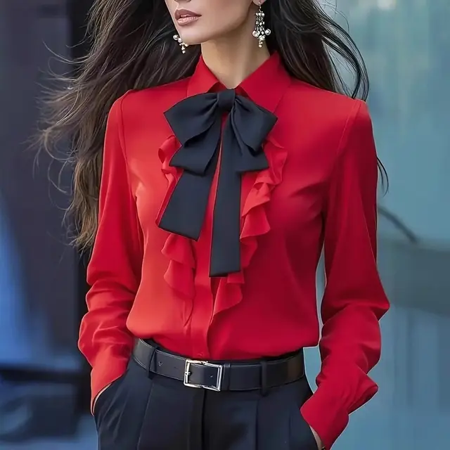 Women's Elegant Ruffle Trim Blouse With Black Bow Tie, Long Sleeve Office Shirt For Spring & Fall Red - Shop at LoveMi