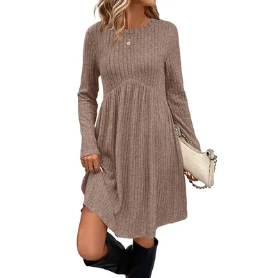 Women's Solid Color Long Sleeve Knit Dress Round Neck Pocket Shift Dress For Spring & Fall Khaki - Shop at LoveMi