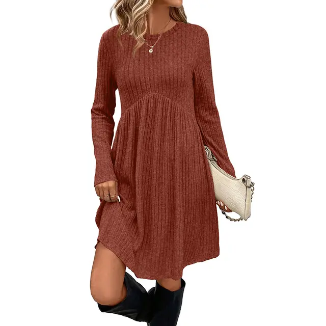 Women's Solid Color Long Sleeve Knit Dress Round Neck Pocket Shift Dress For Spring & Fall Nutmeg Color - Shop at LoveMi